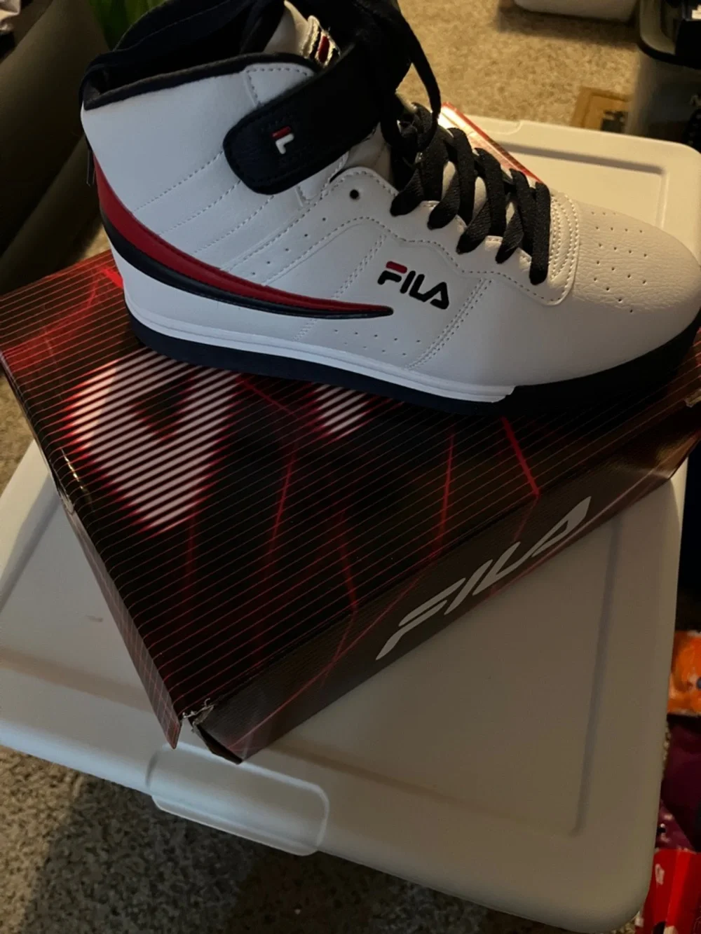 Fila Men's White High-Top Sneakers with Red and Black Accents - Picture 1 of 5